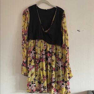 Free People Black and Yellow Floral Long Sleeve Dress